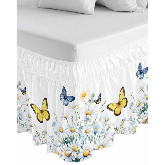 Butterfly Spring Floral Wrap Around Bed Skirts for California King Bed 18" Drop,Bed Skirt with Adjustable Elastic Belt Dust Ruffle Bed Valance Daisy Flowers Botanical Country Bed Frame Cover