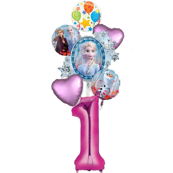 Frozen 2 Party Supplies 1st Birthday Elsa, Anna and Olaf Balloon Bouquet Decorations - Pink Number 1