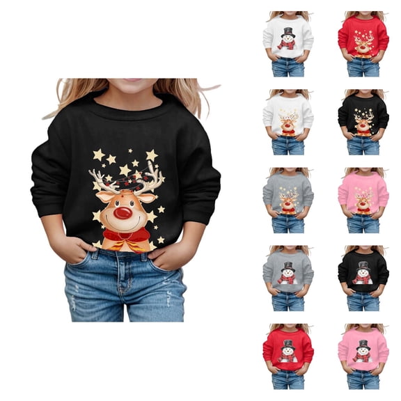 Girls Cute Christmas Sweatshirts Crewneck Long Sleeve Holiday Graphic Sweat Shirts Kids Pullover Tops