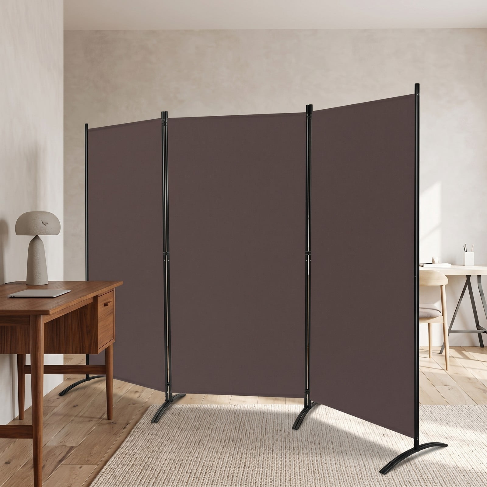 ALPULON 3-Panel Room Divider Folding Privacy Screen, 6 FT Freestanding Partition Panel Screen with Durable Hinges and Steel Base for Office, Bedroom, Home Decor, Brown