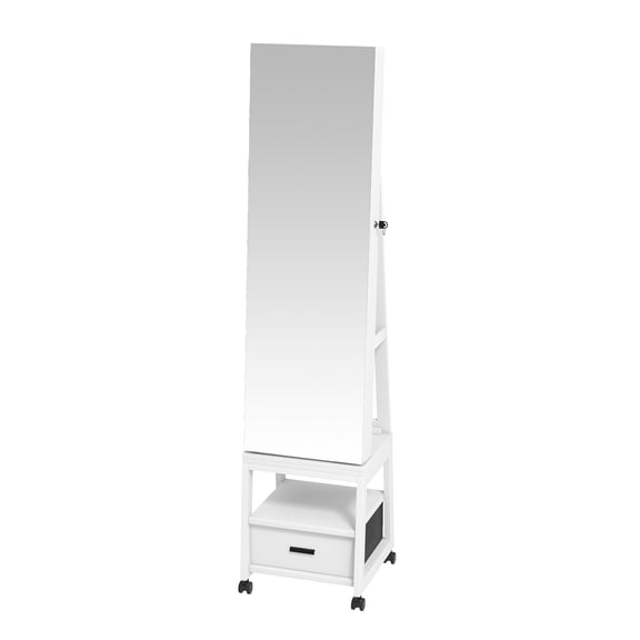 360° Swivel Freestanding Jewelry Armoire Cabinet, Lockable Full-Length Mirror with Bottom Drawer Rear Storage Shelves Wheels Large Capacity Organizer for Bedroom