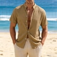 thumbnail image 2 of hlysgo Men's Linen Cotton Shirt Short Sleeve Band Collar Button Down Shirt Casual Summer Beach Vacation Shirts Khaki,M, 2 of 6