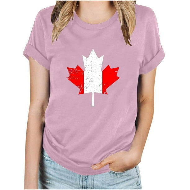 Camisetas de Manga Corta para Mujeres Canadá Día Hoja de Arce Impresión Básica de Verano Tee, Cuello Redondo Camiseta Casual
