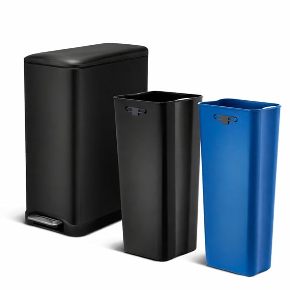 Home Zone Living 13 Gallon Dual Compartment Stainless Steel Kitchen Trash Can with Step Pedal and Soft Close Lid, Black