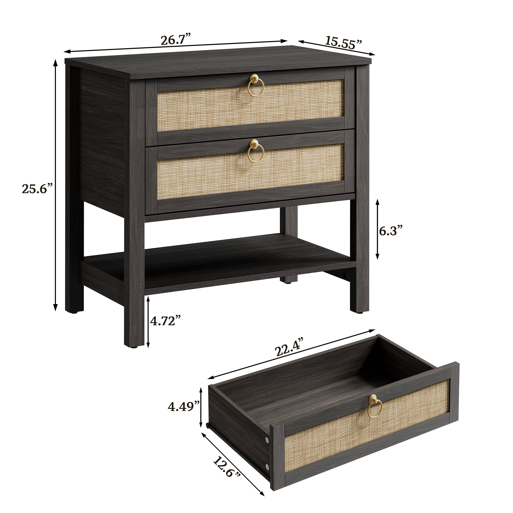 Surmoby 26.7"W Large Boho Coastal Nightstand Set of 2 with Dual Rattan Drawers & Open Shelf - Farmhouse Bedside Tables for Bedroom Living Room Enterway, Black