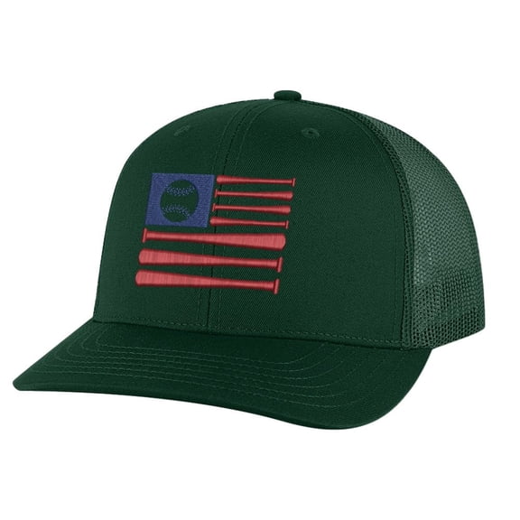 Classic American Baseball Trucker Hat – Embroidered Flag with Baseball Bats, Patriotic Mesh Snapback Cap for Fans (AlpineGreen)