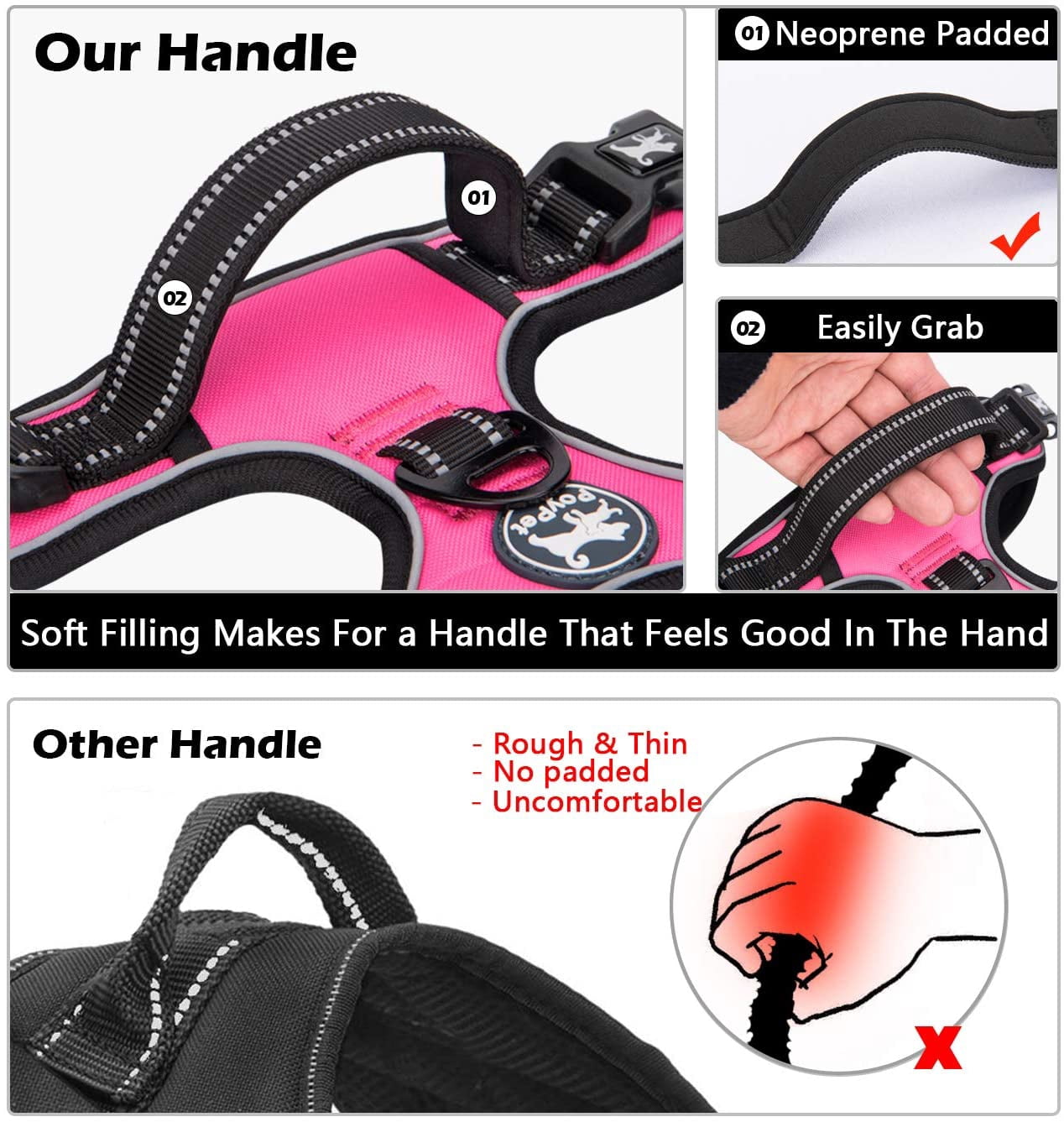 No Pull Dog Harness, No Choke Front Lead Dog Reflective Harness, Adjustable Soft Padded Pet Vest with Easy Control Handle for Small to Large Dogs(Pink, Medium)