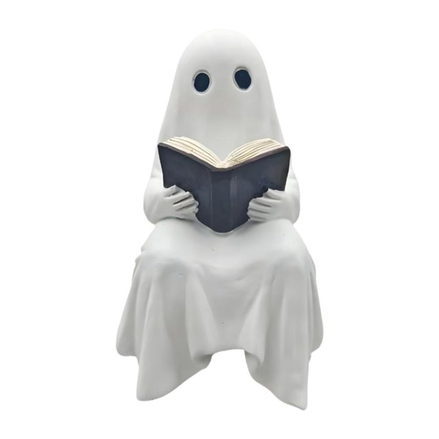 Estatua de fantasma de Halloween leyendo un libro sentado, figura malvada, centro de mesa, accesorio fotográfico, escultura de resina para gabinete