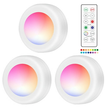 

Ametoys 16 Colors Changing RGB LEDs Under Cabinet Lamp Puck Light 3 PCS with Controller 10 Levels Brightness Adjustable Dimmable 120Mins Timing Supported 16 Colors Changing/ Flash/ Fade 2 Modes 3*