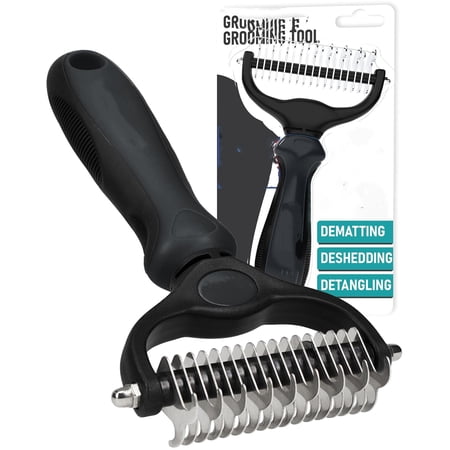 Pet Grooming Brush - Double Sided Shedding, Dematting Undercoat Rake for Dogs and Cats - Extra Wide Dog Grooming Brush - Black (1 Pack）