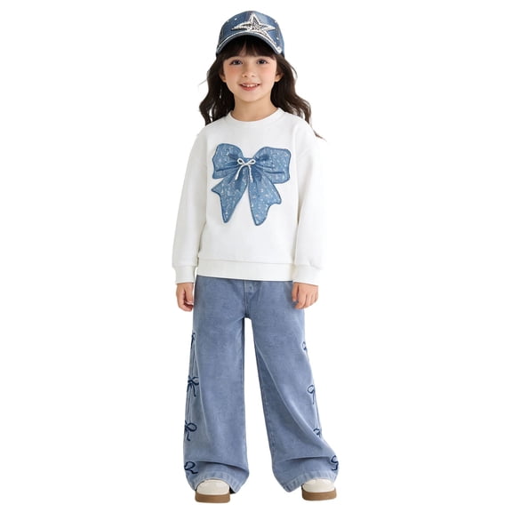 TBWNWG Stylish Autumn Girls Two Piece Outfit Fashionable Bow Long Sleeve Top With Denim Pants Coordinated Casual Wear For Toddler Kids,Size 5-6 Years