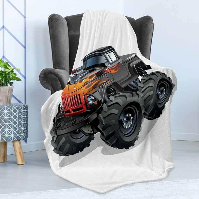 Monster Truck Soft Flannel Fleece Throw Blanket Cartoon Truck with Enormous Wheels and Flames on Front Body Cozy Plush for Indoor and Outdoor Use