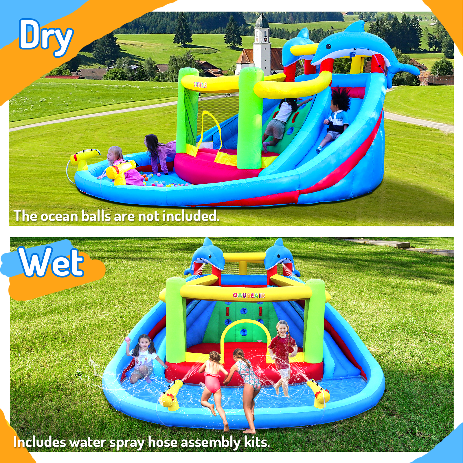 Causeair Inflatable Bounce House with Slide, Splash Pool, Double Cannon, Heavy-Duty Blower, Water Park for Kids