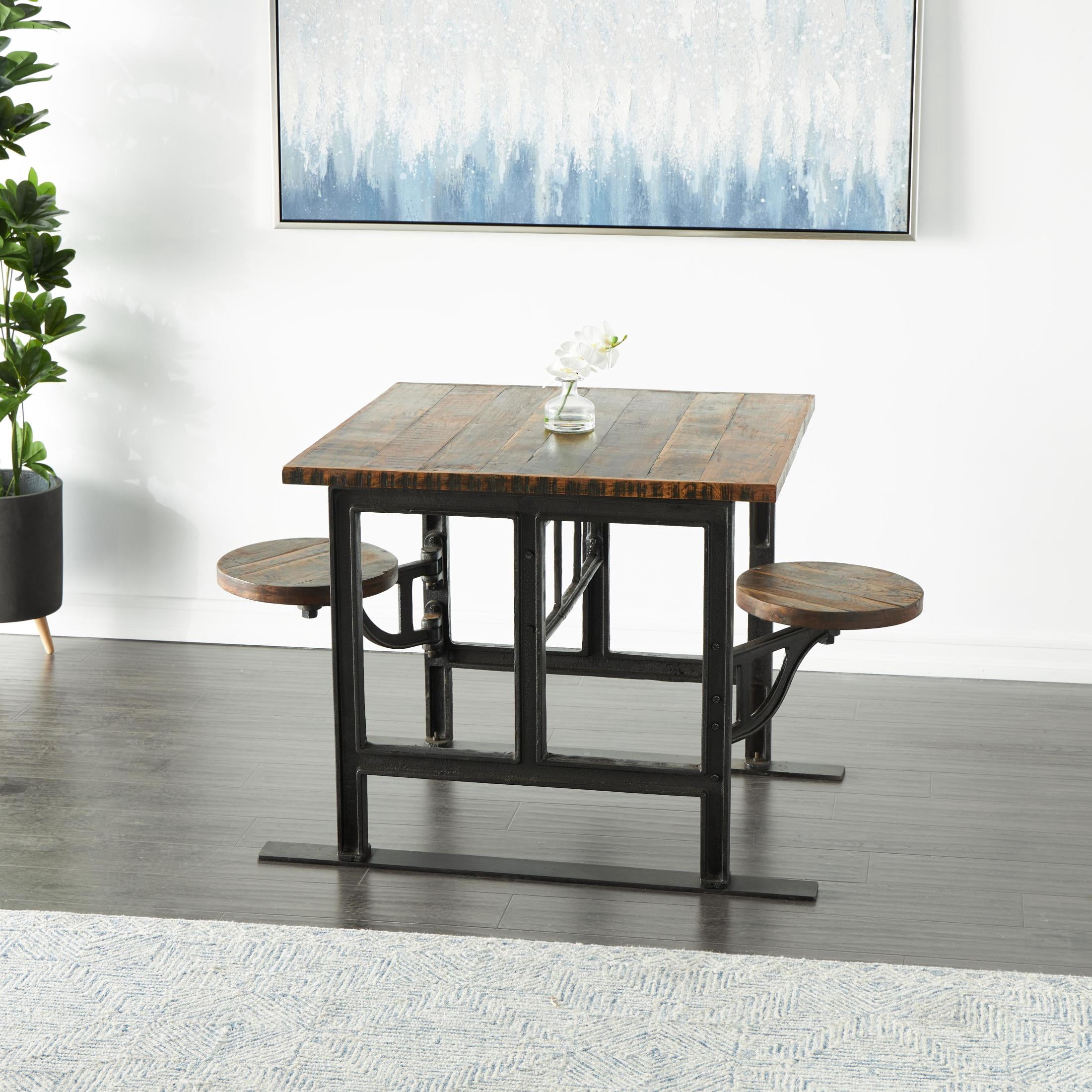 DecMode 35" x 31" Brown Teak Wood Dining Table with Two Attached Seats, 1-Piece