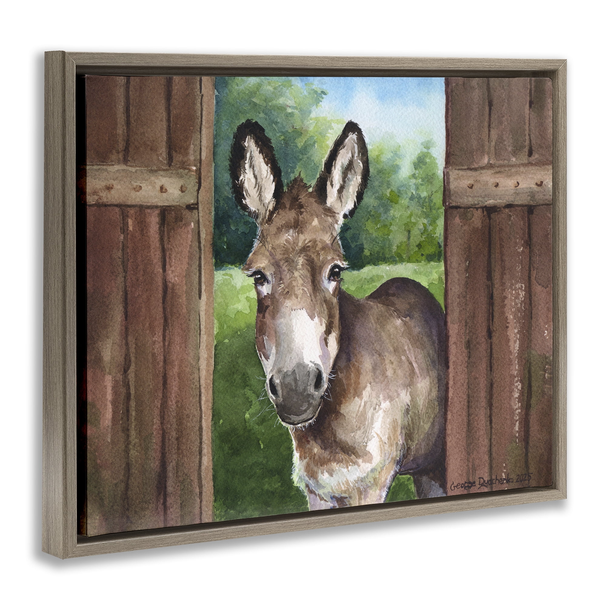Stupell Industries Donkey in Wooden Gate Brown Framed Floater Canvas Wall Art, design by George Dyachenko