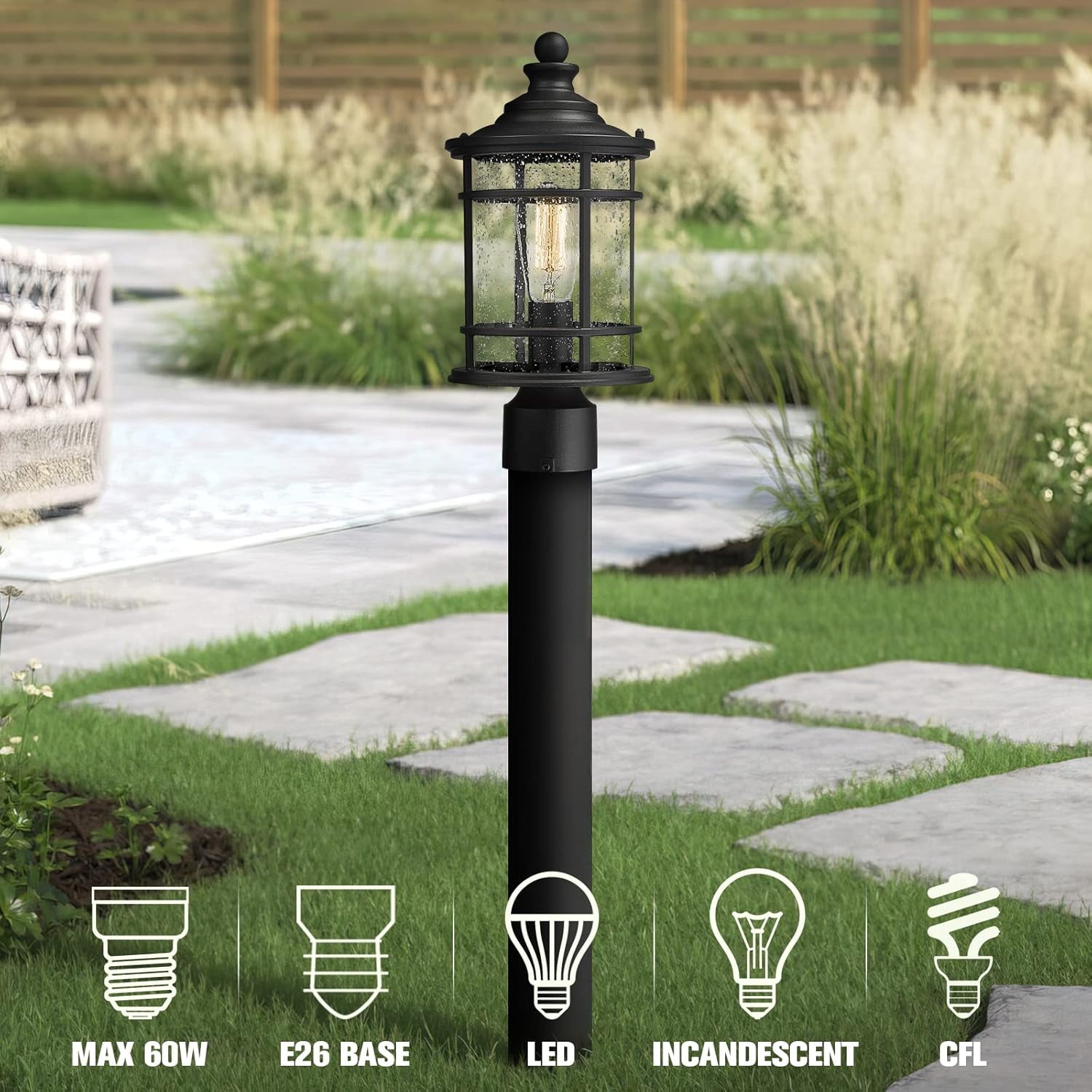 Emliviar Outdoor Lamp Post Light, 15 inch Farmhouse Post Lamp, Black Finish, E26 Base, Seeded Glass, XE229P BK