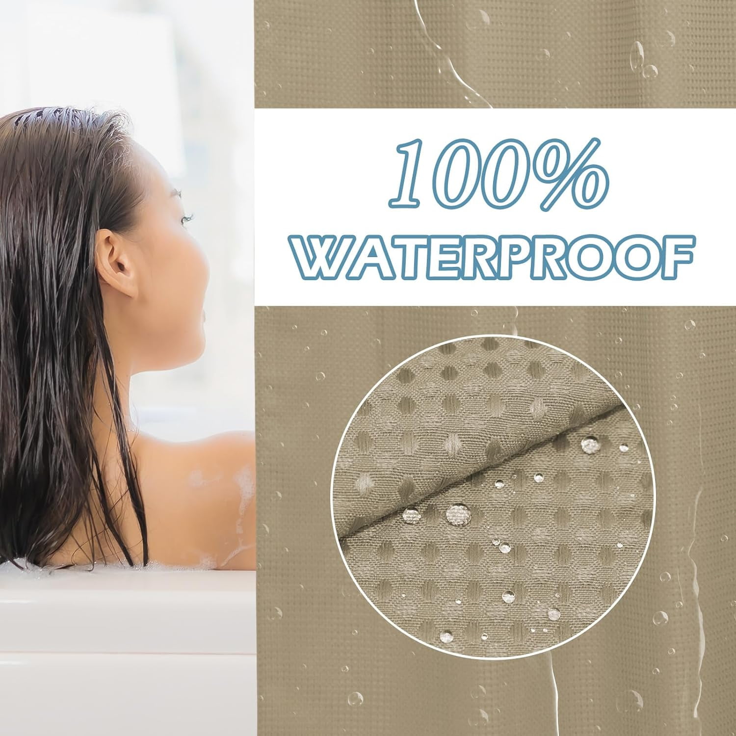 Zrodlmo No Hook Fabric Shower Curtain with Snap Lining, Waffle Waterproof and Mildew Resistant Bathroom Curtain, 72" x 74", Khaki