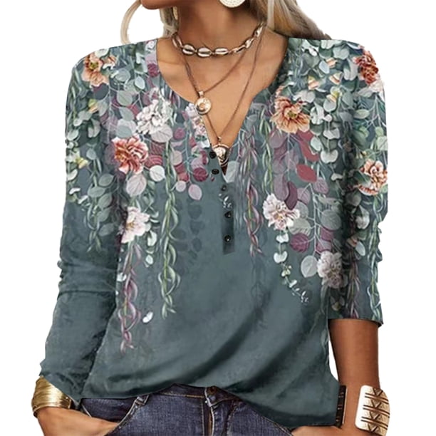 Blusa con cuello en V, Top informal para mujer con muescas Top informal para mujer Top estampado para mujer Resultados impresionantes