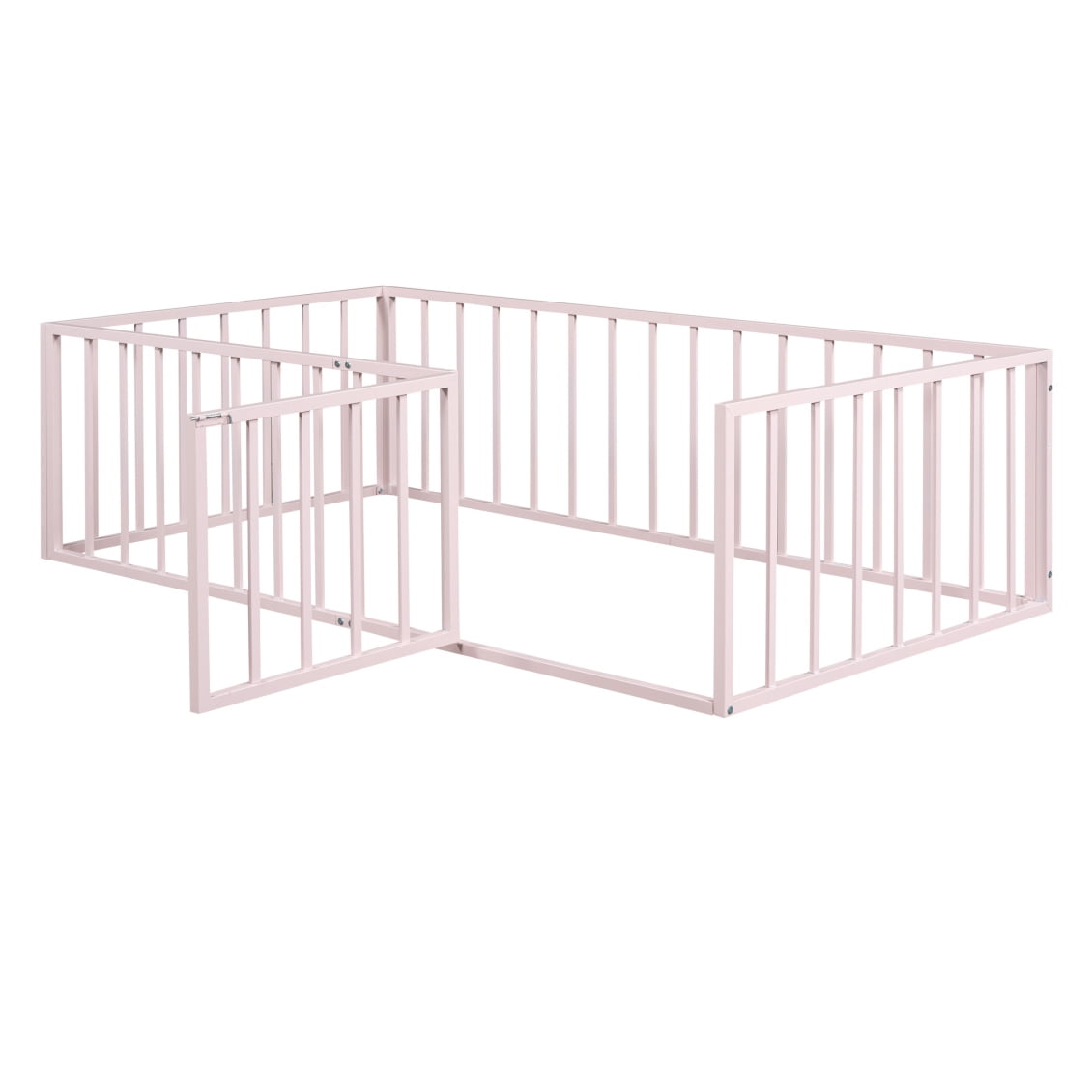 Twin Size Metal Floor Bed Frame with Fence and Door, Montessori Bedframe, No Box Spring Needed, Easy to Install, Pink