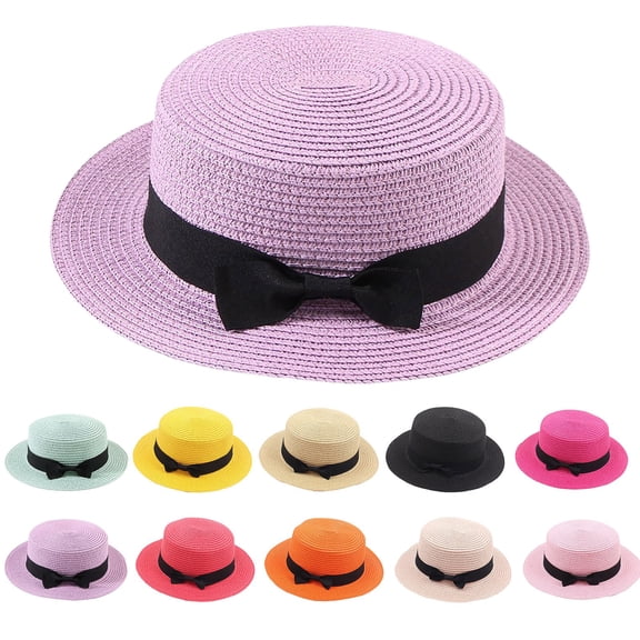 XINPING Women's Bow Straw Boater Sun Hat, Packable Breathable Wide Brim Beach Vacation Hat with Bow Band for Casual Summer Wear and Travel