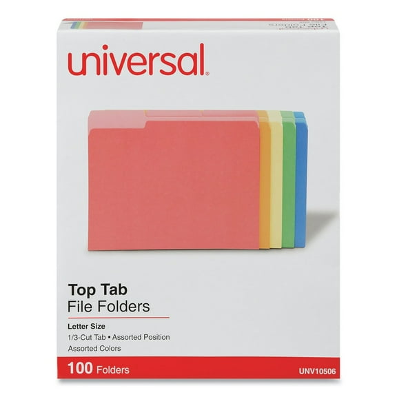Universal UNV10506EE Deluxe Colored 1/3-Cut Top Tab Letter Size File Folders - Assorted (100/Box)