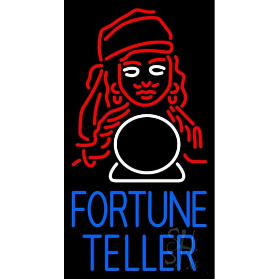 Blue Fortune Teller With Logo LED Neon Sign 37" Tall x 20" Wide - inches Black Square Cut Acrylic Backing, with Dimmer - Bright and Premium built indoor LED Neon Sign for Storefront.
