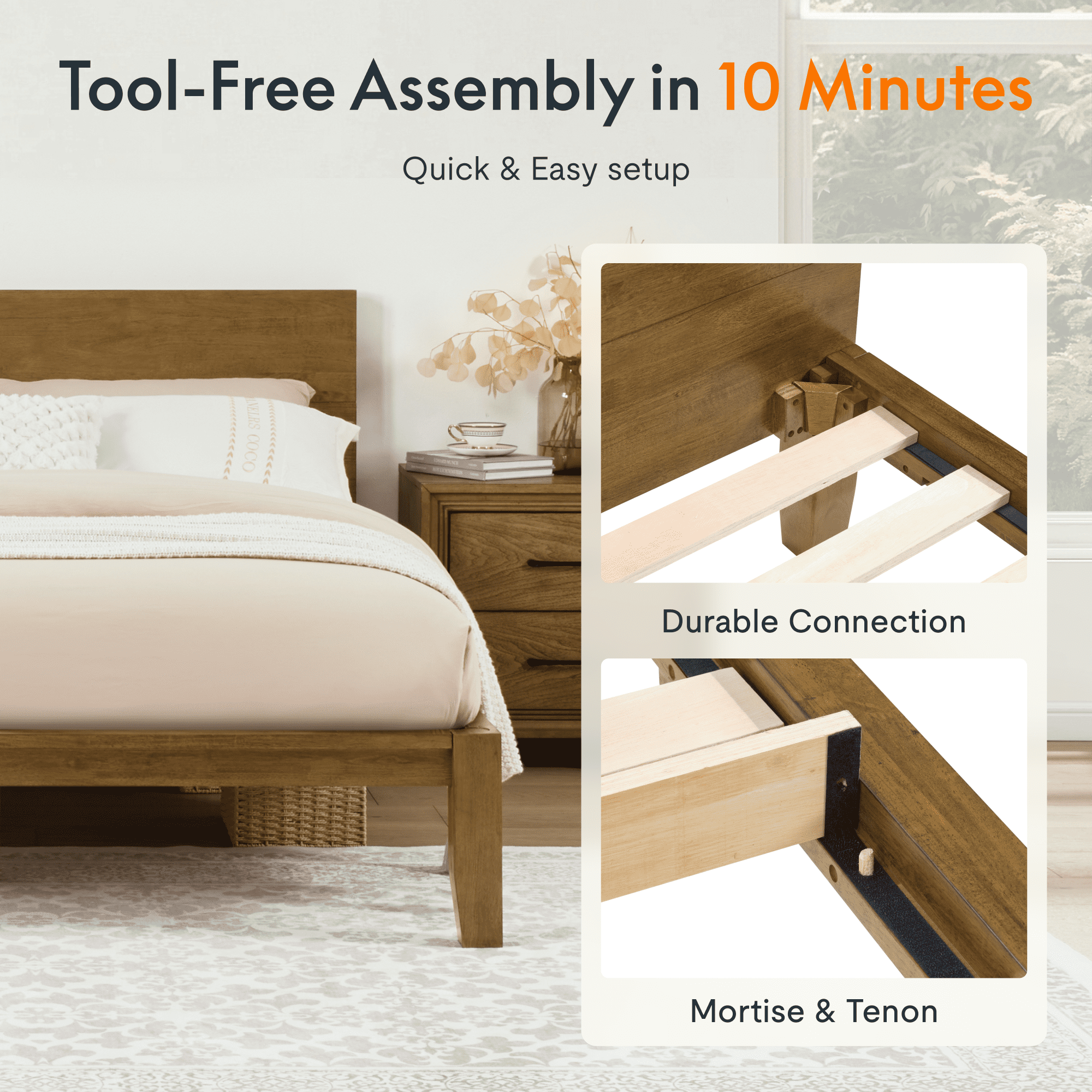 FLEXISPOT Queen Japanese Joinery Bed Frame with Headboard, Solid Rubberwood, 1200 lbs Heavy Duty, FSC & SGS Certified, No-Tool Setup, Hidden Storage, USB-A/C Port, No Box Spring Needed, Walnut
