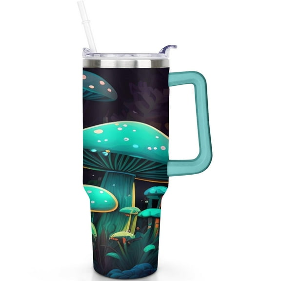 Funky Mushroom Art Large 40oz Cold Drink Cup Double Wall Stainless Steel Thermal Insulated With Handle Flip Straw Lid No Spill Unisex Gift