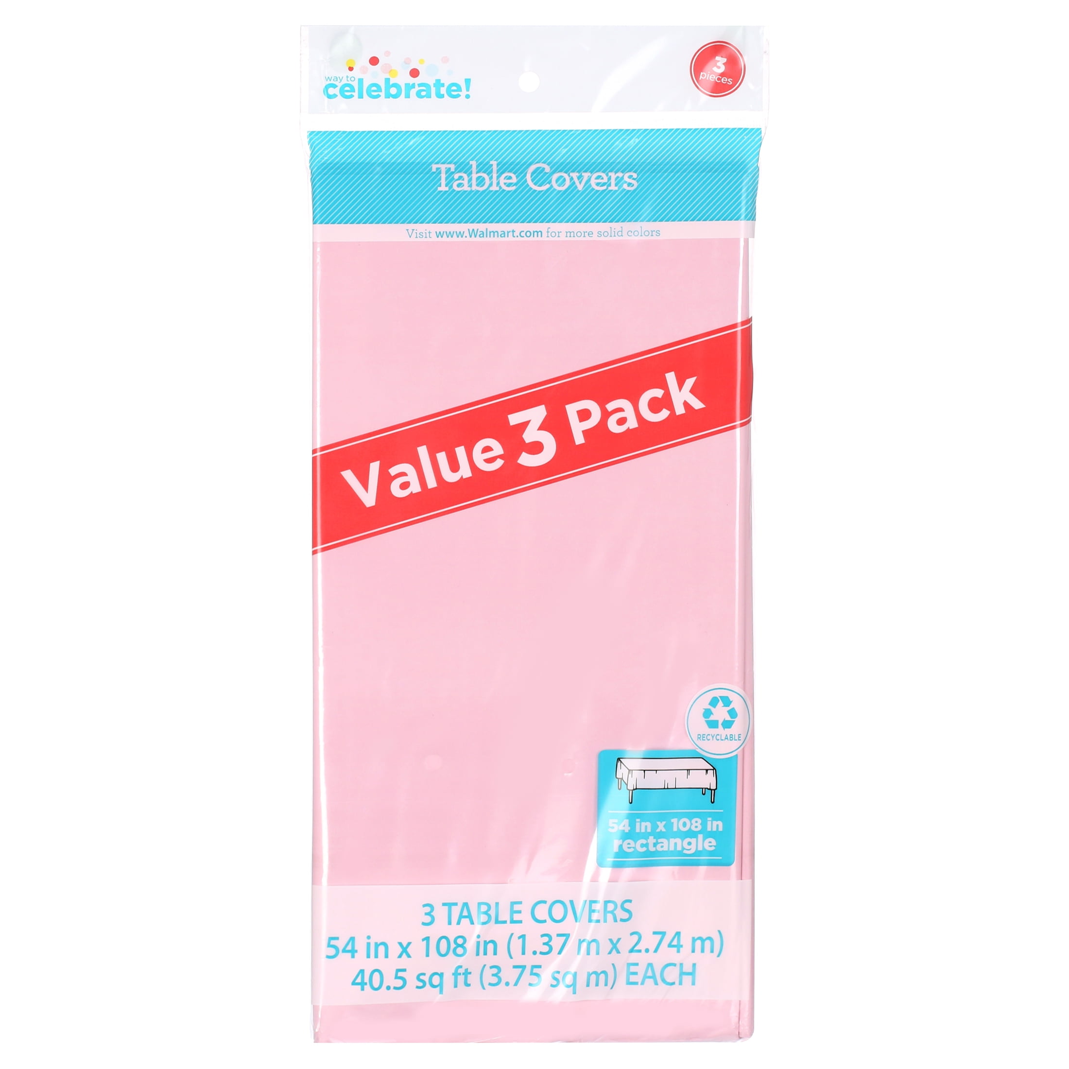 3CT 54 IN x 108IN Light Pink Rectangular Plastic Table Covers by Way To Celebrate