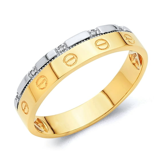 Wellingsale Mens Solid 14k Two 2 Tone White and Yellow Gold Polished Diamond Cut CZ Cubic Zirconia Wedding Ring Band - Size 8