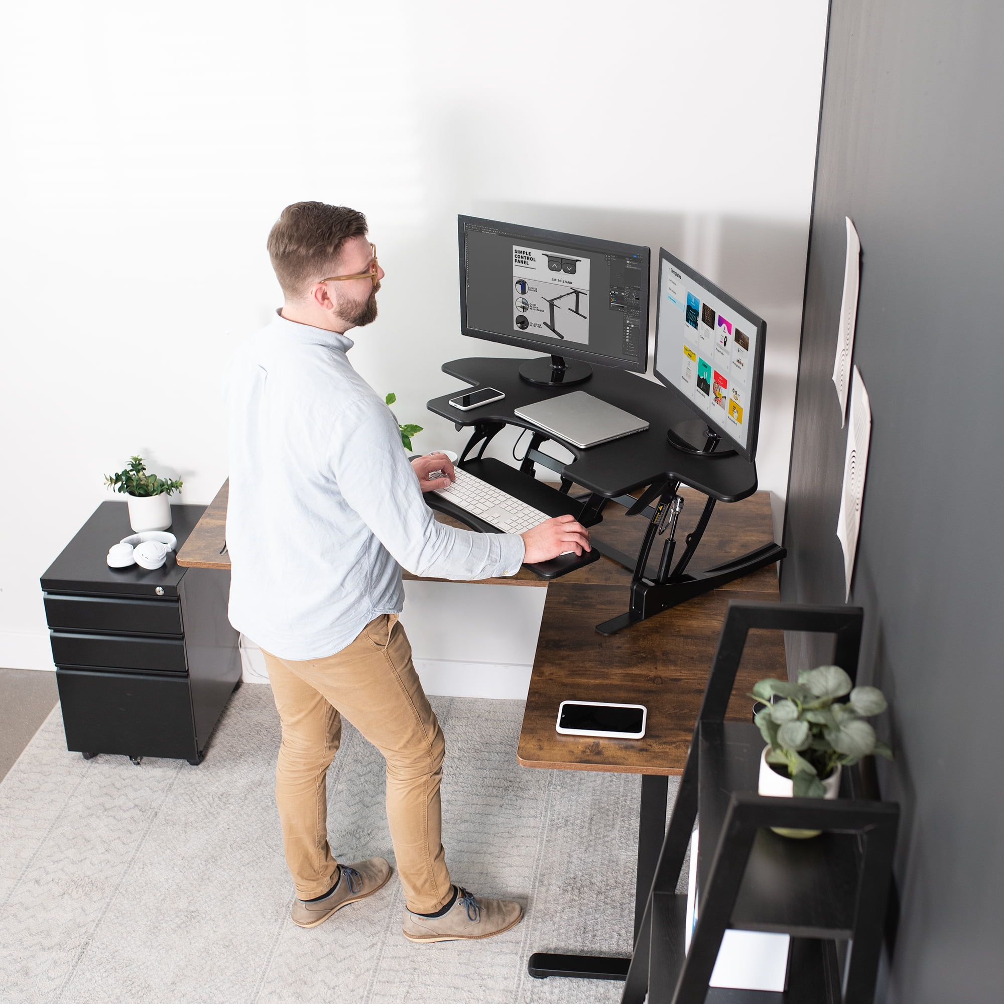 VIVO Black Corner Height Adjustable Cubicle Sit to Standing Tabletop Desk Riser