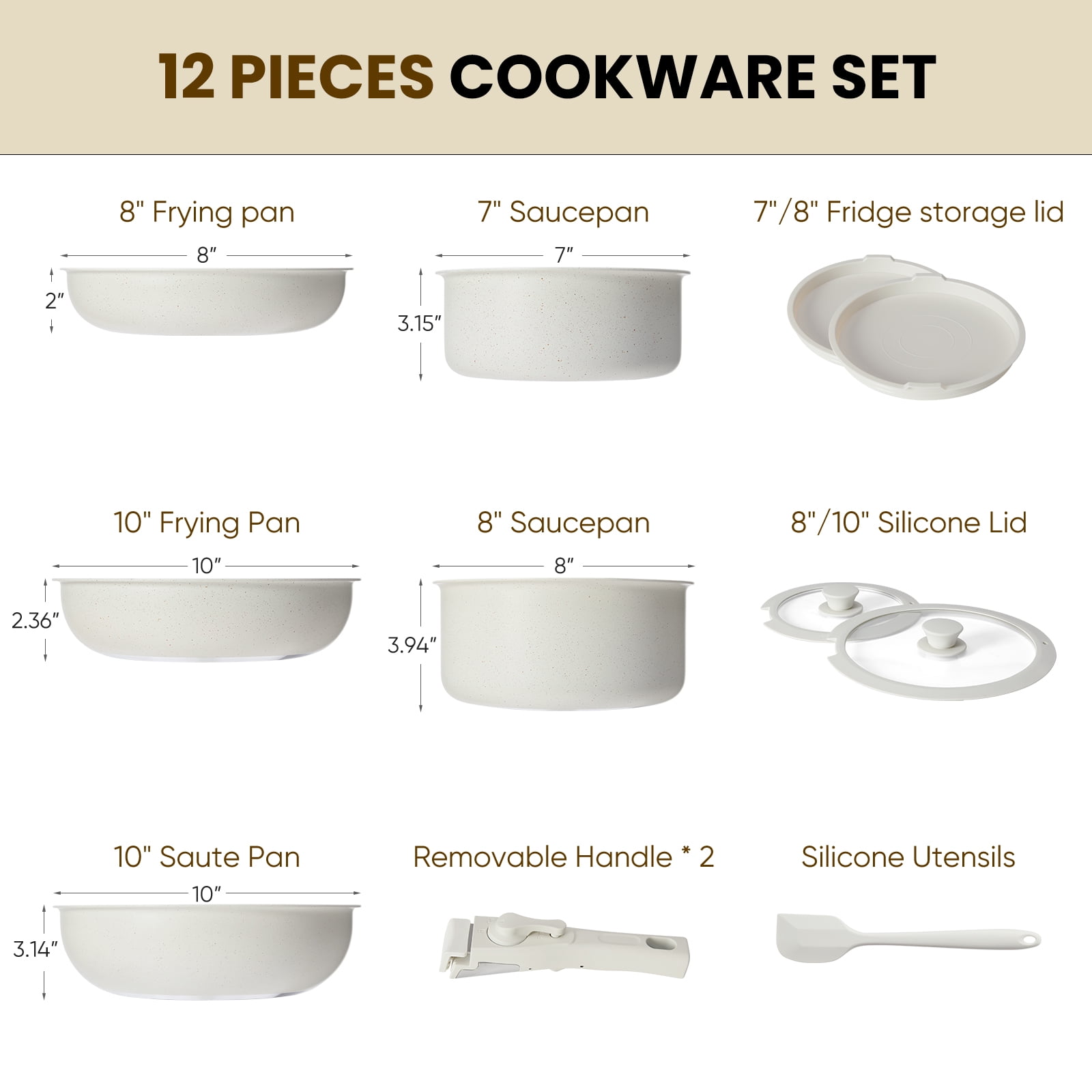 JIOABL 12 Pcs Non-Stick Cookware Set Pots and Pans with Detachable Handles for Kitchen, Beige