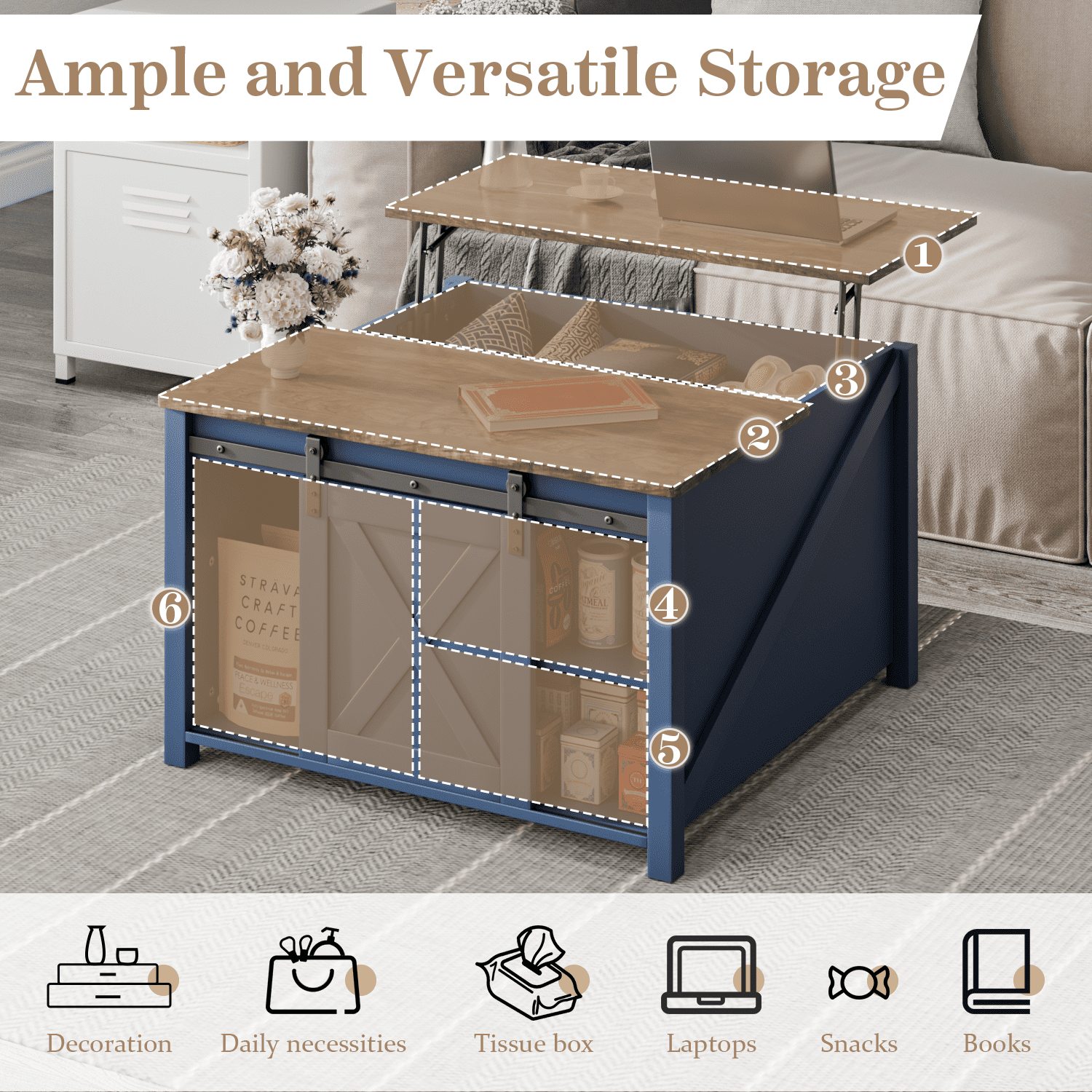Waleaf Wooden Convertible Coffee Table, Lift Top Coffee Table with Large Hidden Storage Shelf for Living Room