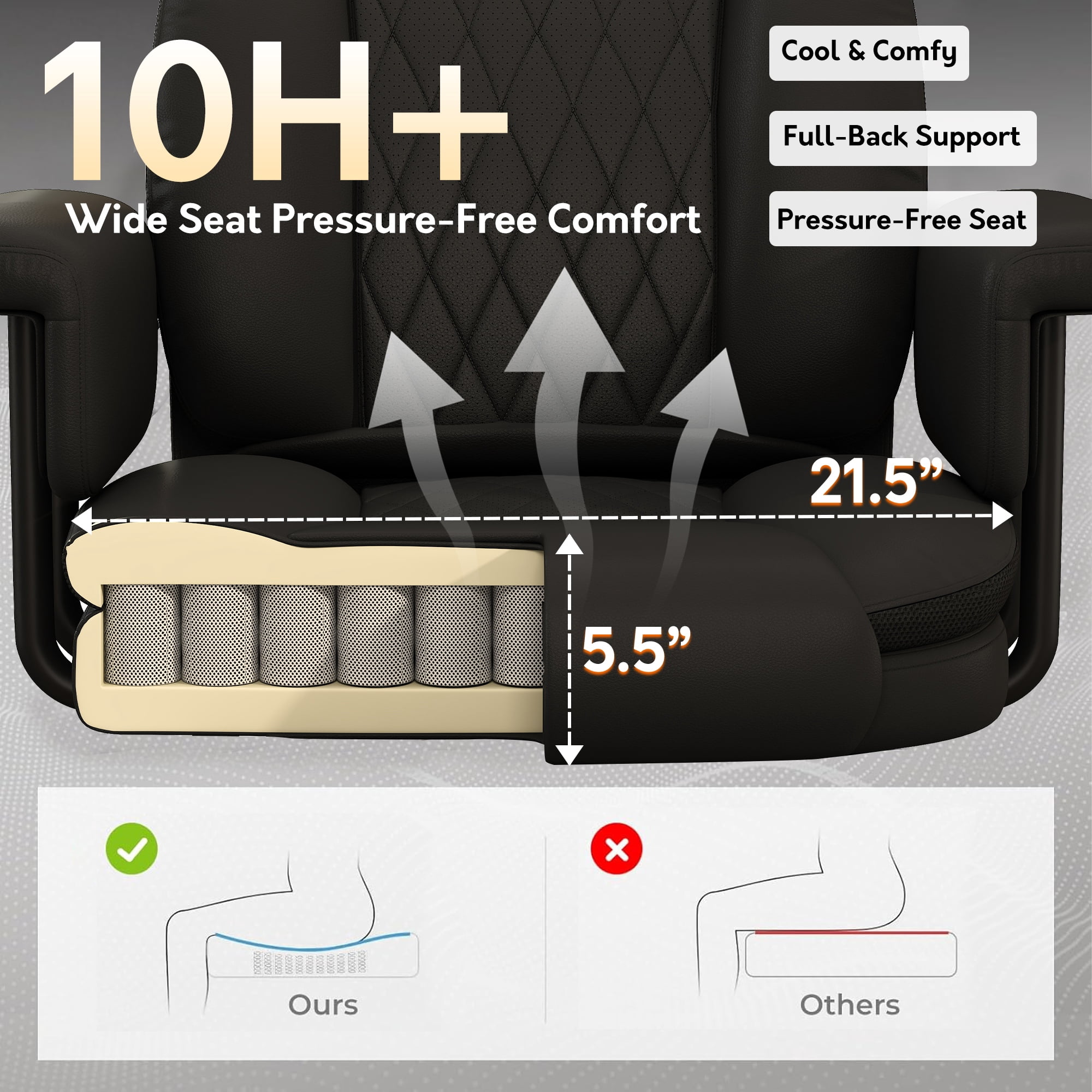HomeZeer Big and Tall Executive Office Chair 400LBS, 160°Reclining with Retractable Footrest, PU Leather Desk Chair with Padded Arms, Adjustable Height with Quiet Roller Wheels, Black