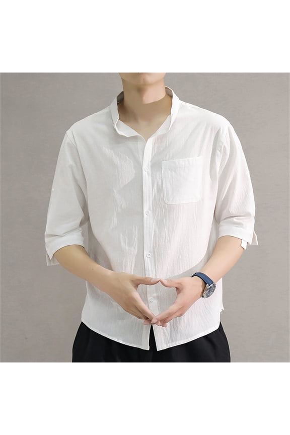 Dress Shirts for Men Big and Tall,Mens Linen Shirt Stand-up Collar Thin Seven-point Short-sleeved Shirt, Shirts for Men