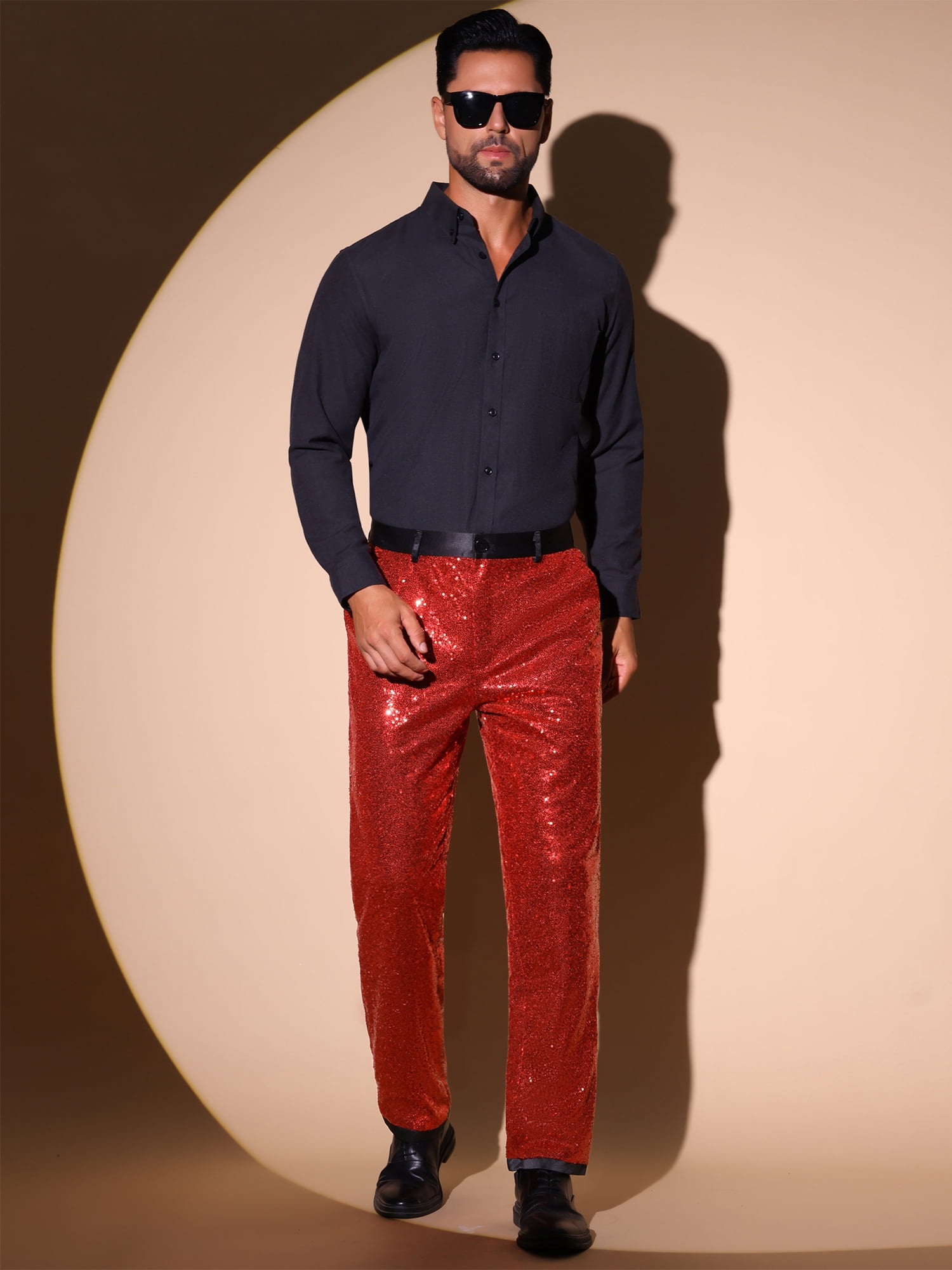 DARING DIVA Men's Shiny Sequin Pants with Straight Leg Design Pants 38 Red