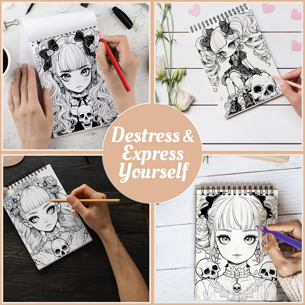 Creepy Kawaii Anime Coloring Book Spiral Bound For Adults, A5 Wooden Cover, 30 Adorable yet Eerie Coloring Pages in Kawaii Horror Style for Stress Relief and Relaxation