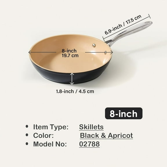 Hard Anodized Nonstick Frying Pan, 8-inch Ceramic Skillet, Induction Compatible, Oven Safe, Black & Apricot