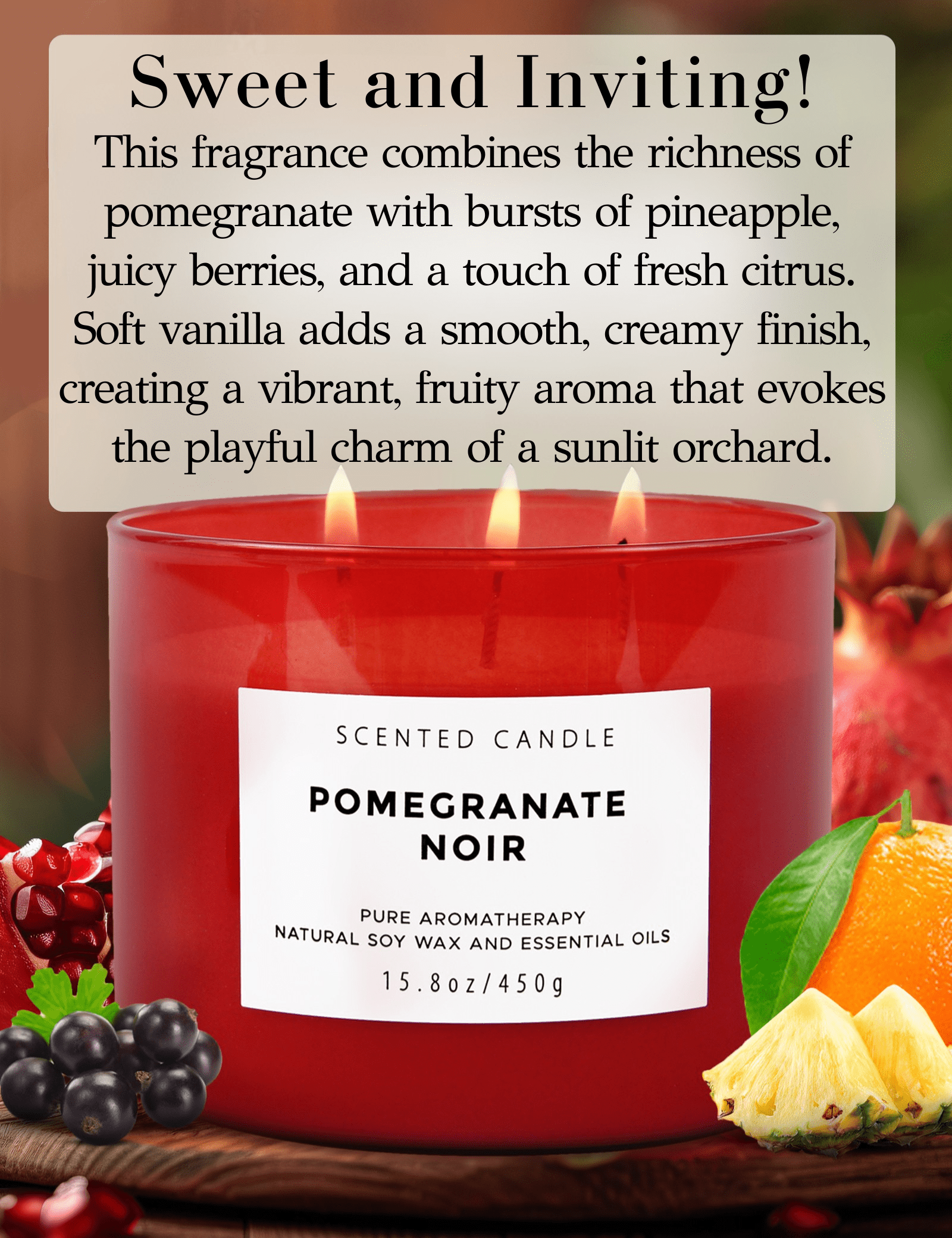 Pomegranate Noir Aromatherapy Candle 3 Wick Large Soy Scented Candles for Men and Women 15.8 Oz