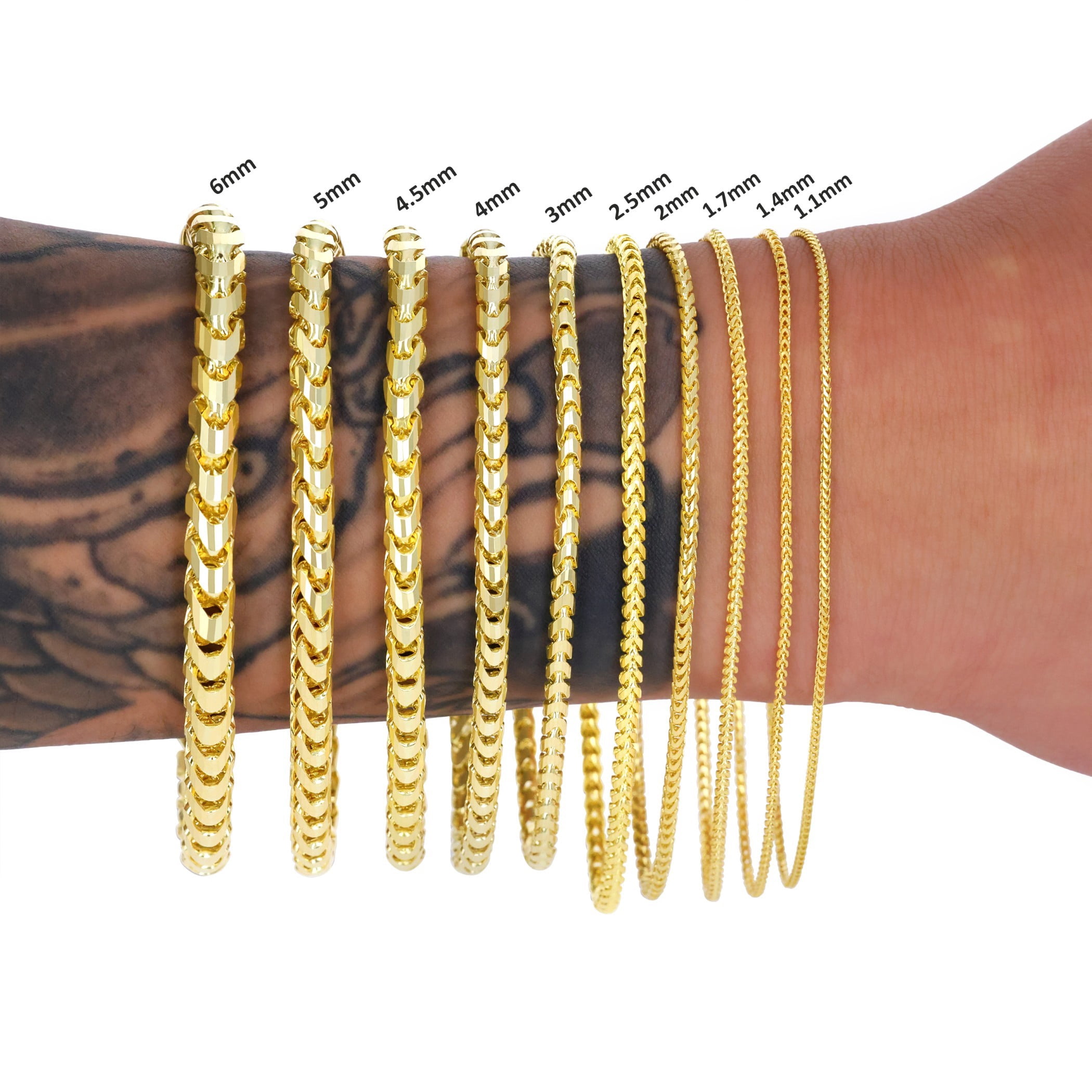 Nuragold 14K Real Yellow Gold Solid Franco Diamond Cut Chain Bracelet 7"-9" (1.1mm-6mm) Italian Jewelry for Men & Women