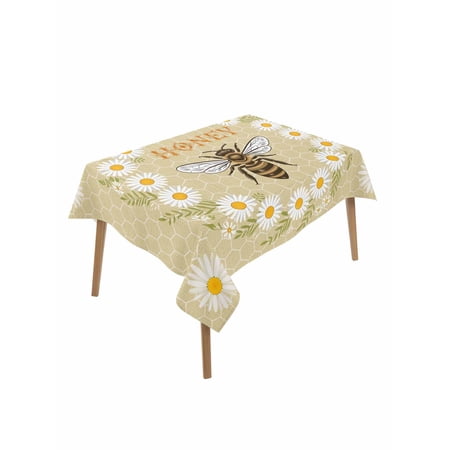 Bees Rectangle Tablecloth Daisy Flowers Spring Summer Honey Floral Leaf Plant Waterproof & StainResistant Tablecloth Washable Oil-proof Table Cover for Dining/Party/Wedding/Camping/Buffet 60x84 In