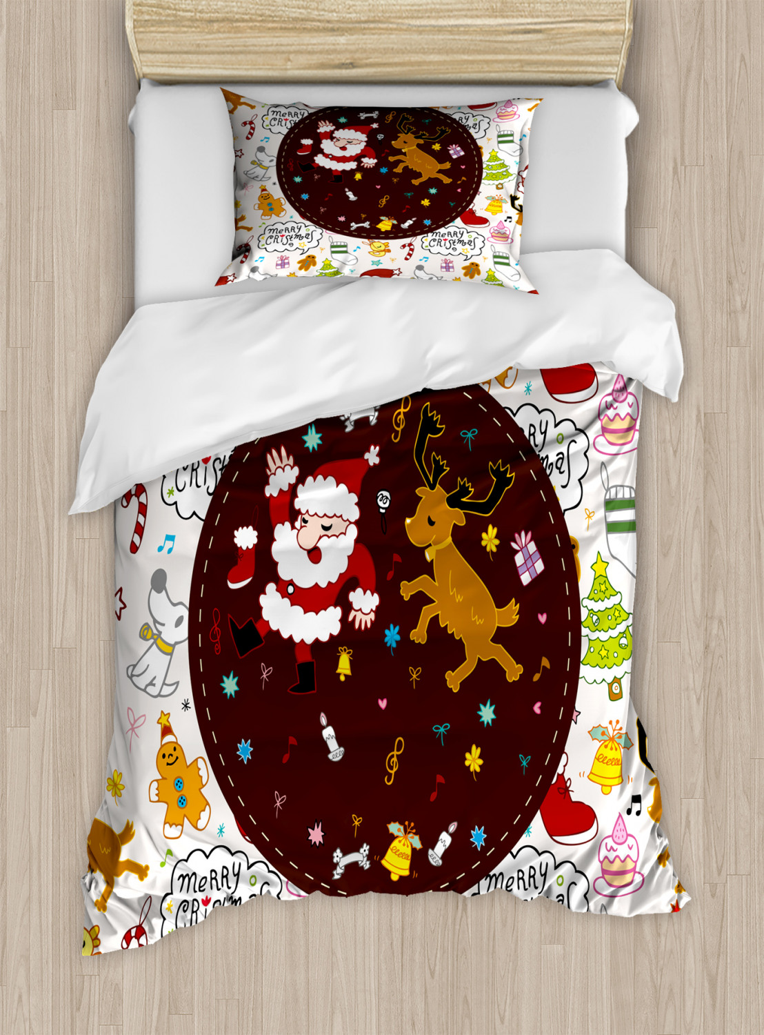 Kids Christmas Twin Size Duvet Cover Set, Dancing Santa and Reindeer
