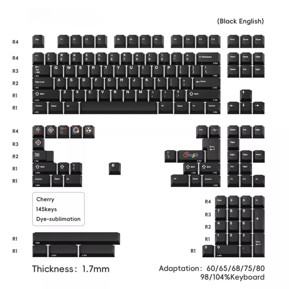 WOB Pure Black Keycaps for Mechanical Keyboards, Cherry Profile 1.7mm PBT Dye-Sublimation Keycaps for Crush87/60/75 Keyboards