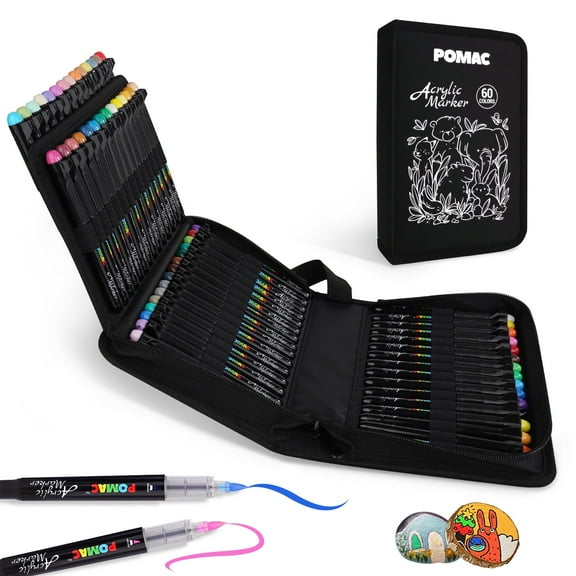 POMAC 60 Colors Acrylic Paint Markers, Water-Based Acrylic Pens Brush Tip, Art Drawing Liquid Paint Pens for Fabric, Canvas, Rock, Glass, Wood, Paper, DIY Crafts and Art Supplies