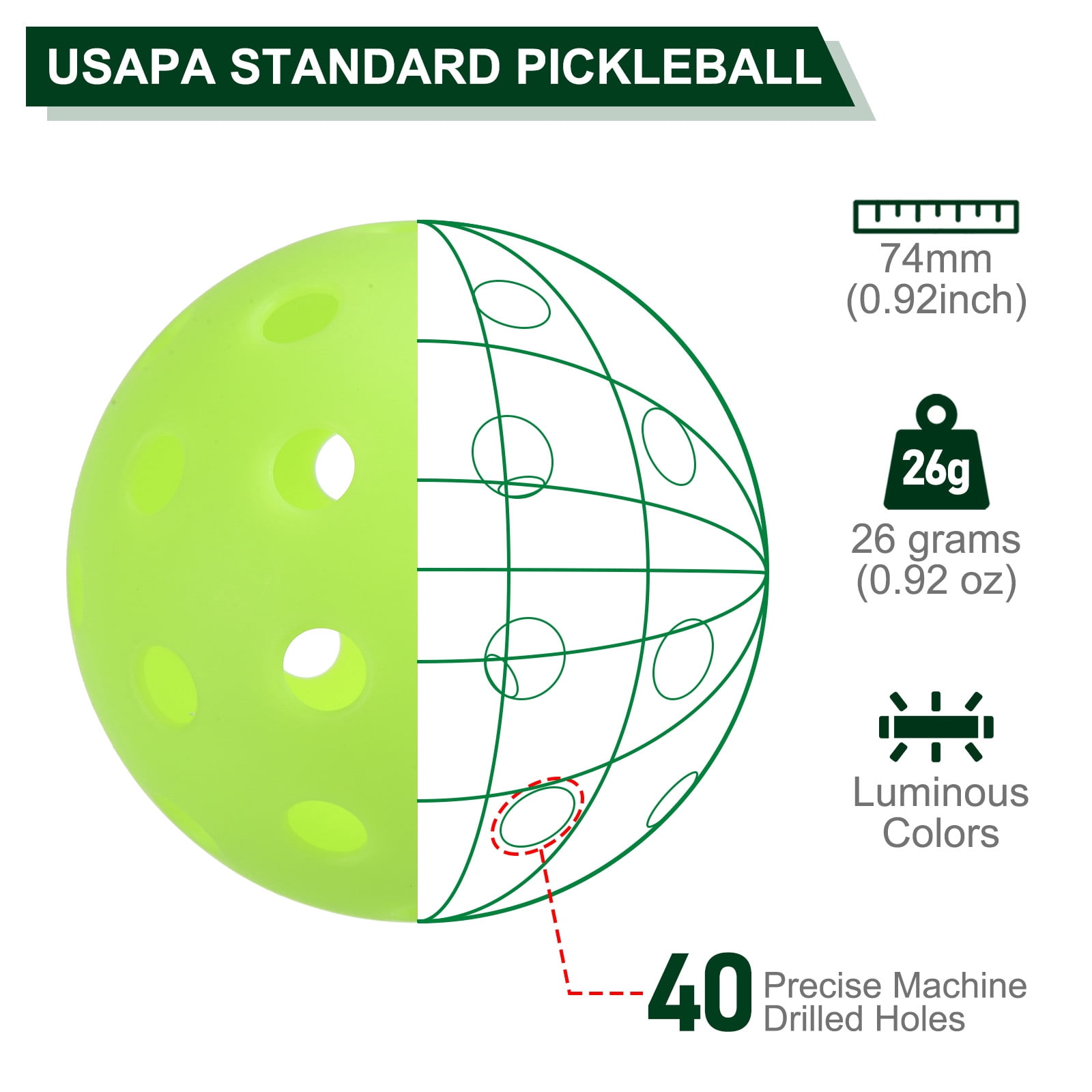 Luminous Pickleball Balls Glow in the Dark Pickleball Balls with Mesh Bag Yellow,Neon Green , 6 Pack