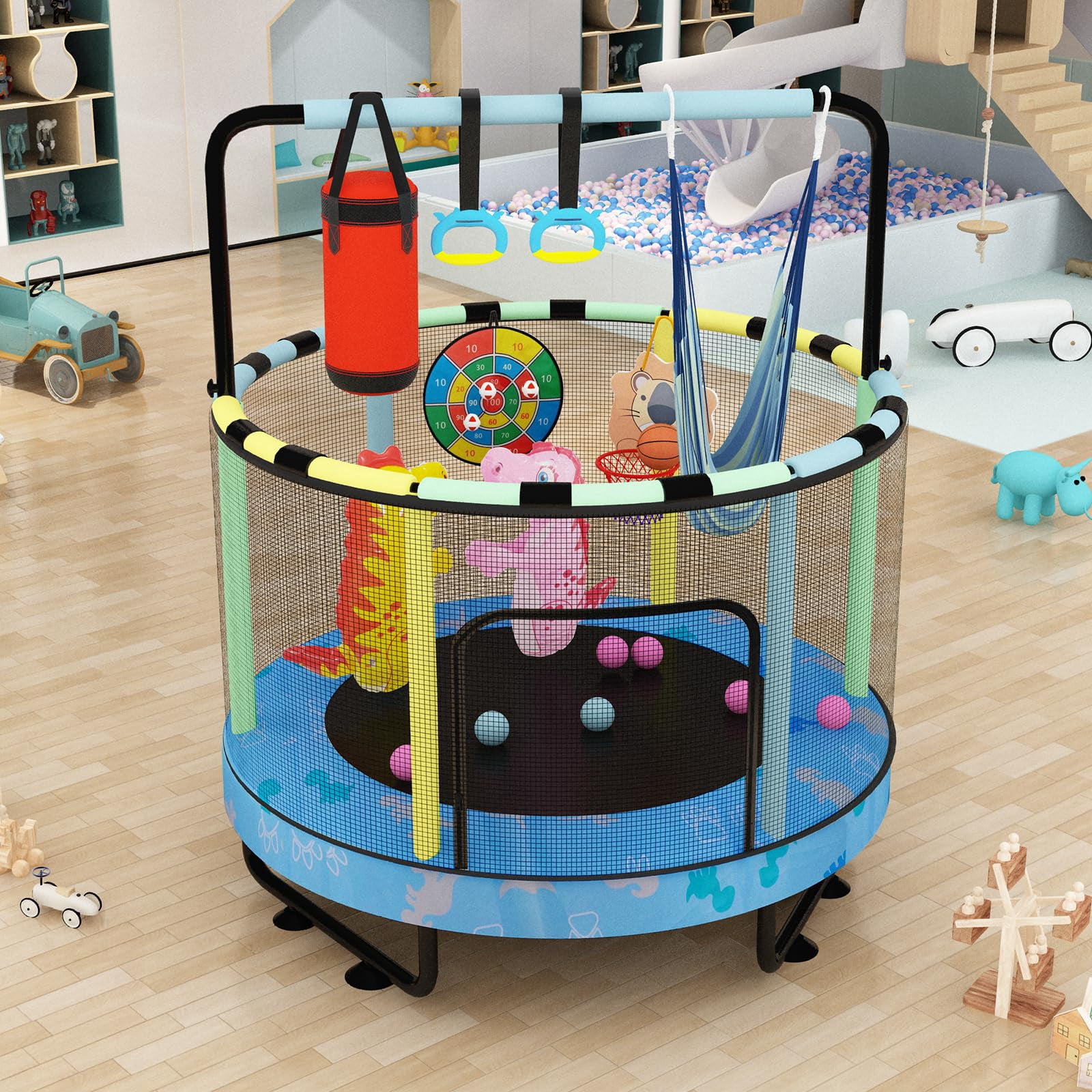 Baxluxe 55" Kids Trampoline with Safety Net, 7-in-1 Adjustable Height Design, 500lbs Weight Capacity for Indoor & Outdoor Use, Fun Mini Trampoline for Children Ages 3-8 Years Old, Blue