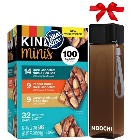 KIND's Minis Dark Chocolate Nuts & Sea Salt, Peanut Butter Dark Chocolate, and Caramel Almond & Sea Salt bars snack variety pack. 32 Count  Ge free Reusable Water Bottle Bundled by MOOCHI Packaging