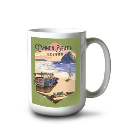 

15 fl oz Ceramic Mug Cannon Beach Oregon Woody and Haystack Rock Contour Dishwasher & Microwave Safe