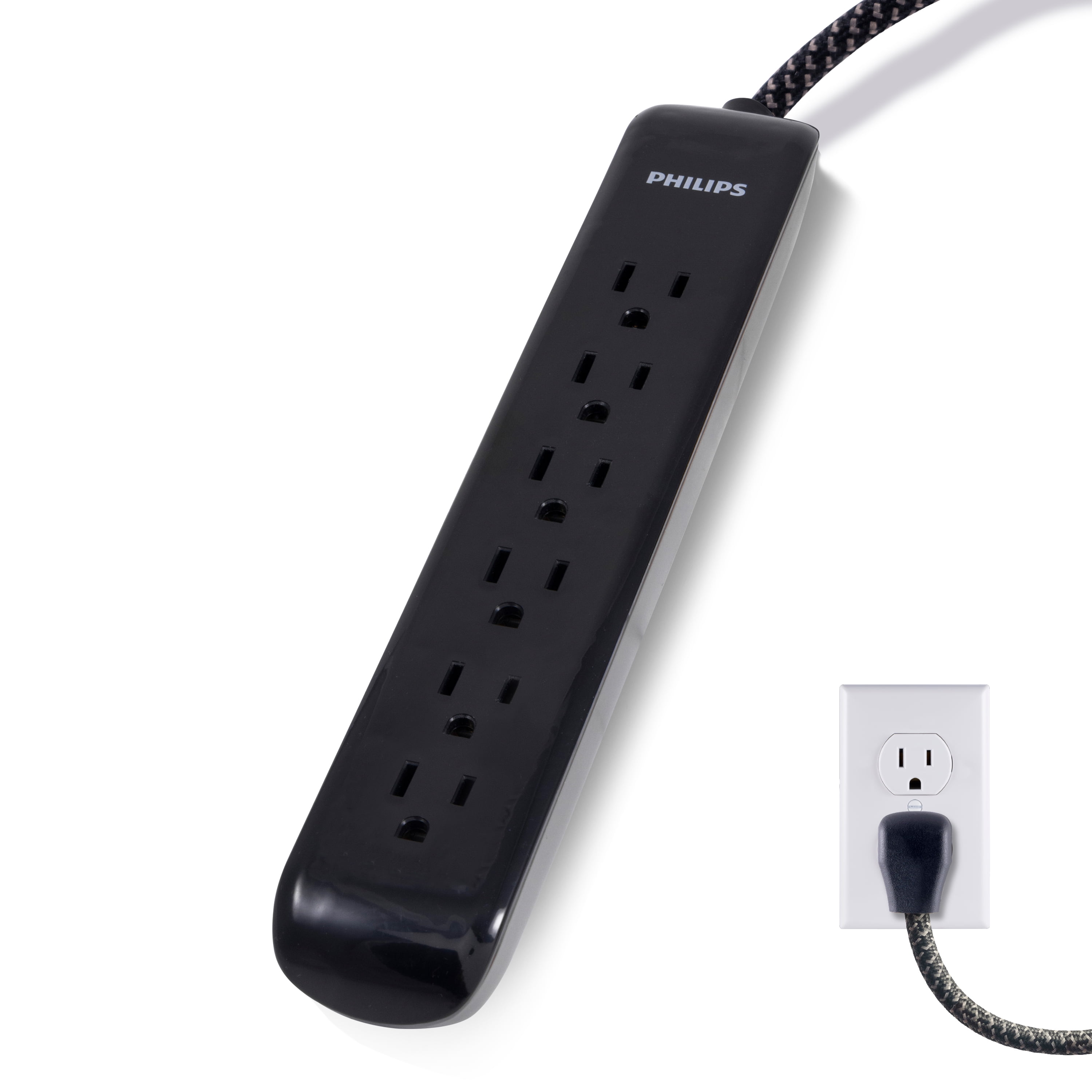 Philips 6-Outlet Surge Protector Power Strip, Braided, 4 ft Cord, Flat Plug, 720 Joules, Black, SPC3064BD/37