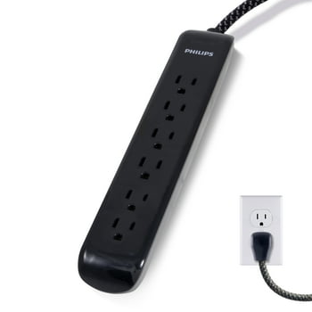 Philips 6-Outlet Surge Protector Power Strip, Braided, 4 ft Cord, Flat Plug, 720 Joules, Black, SPC3064BD/37